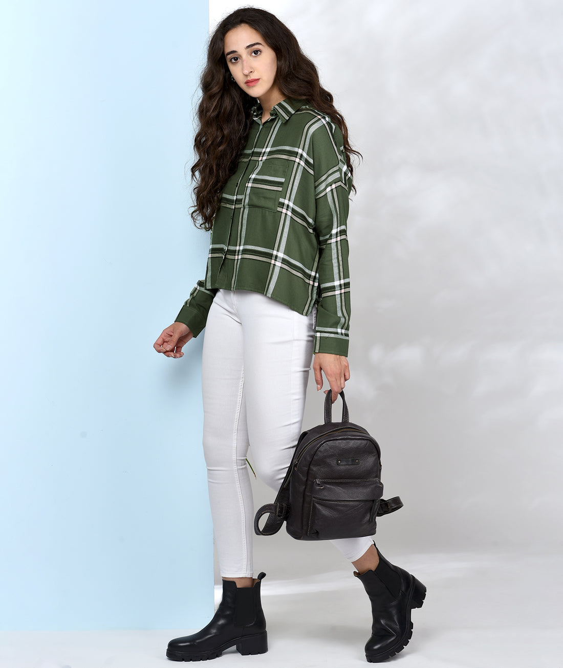 Chimpaaanzee Women Green viscose Oversized Checkered Shirt