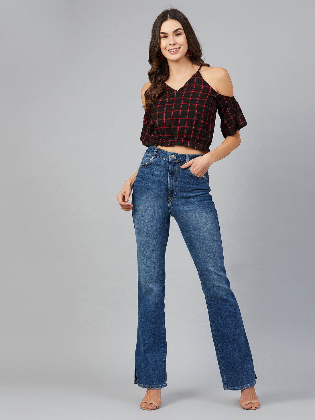 Chimpaaanzee Women Red Checks Cold Shoulder CropTop