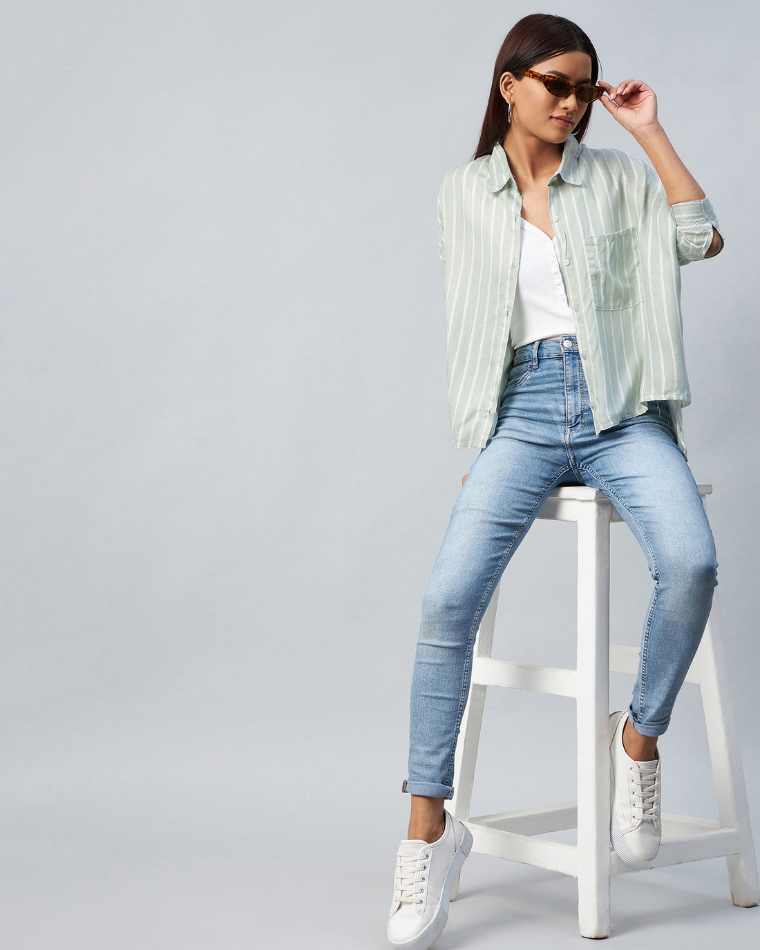 Chimpaaanzee Women Viscose Green & White Striped Oversized Fit Shirt