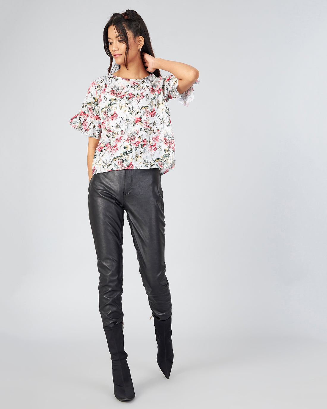 Chimpaaanzee Women Pista Green Flower Printed Ruffled Top