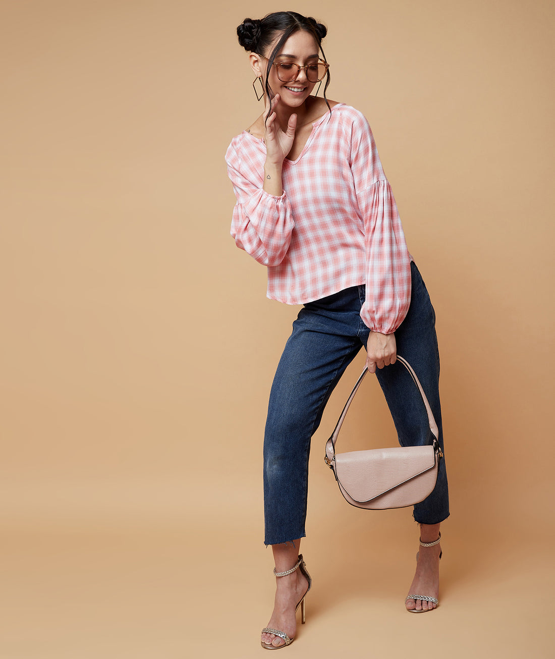 Chimpaaanzee Women V Neck Checkered Regular Top Pink