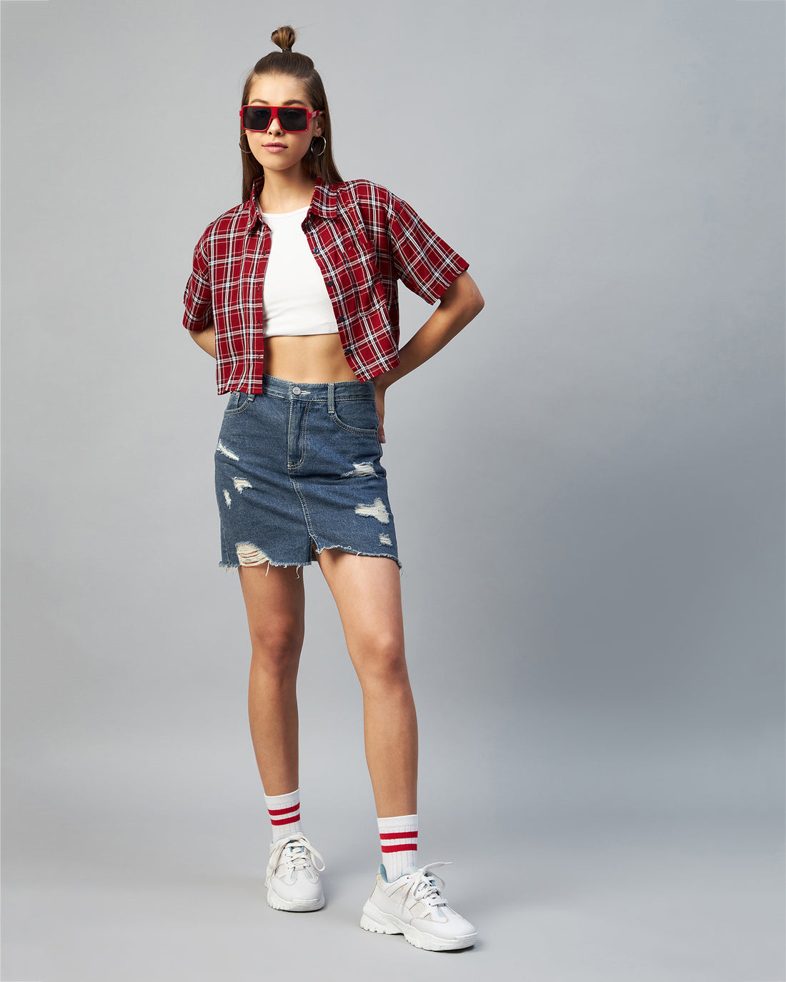 Chimpaaanzee Women Viscose Red & White Checkered Half Sleeve Crop Shirt