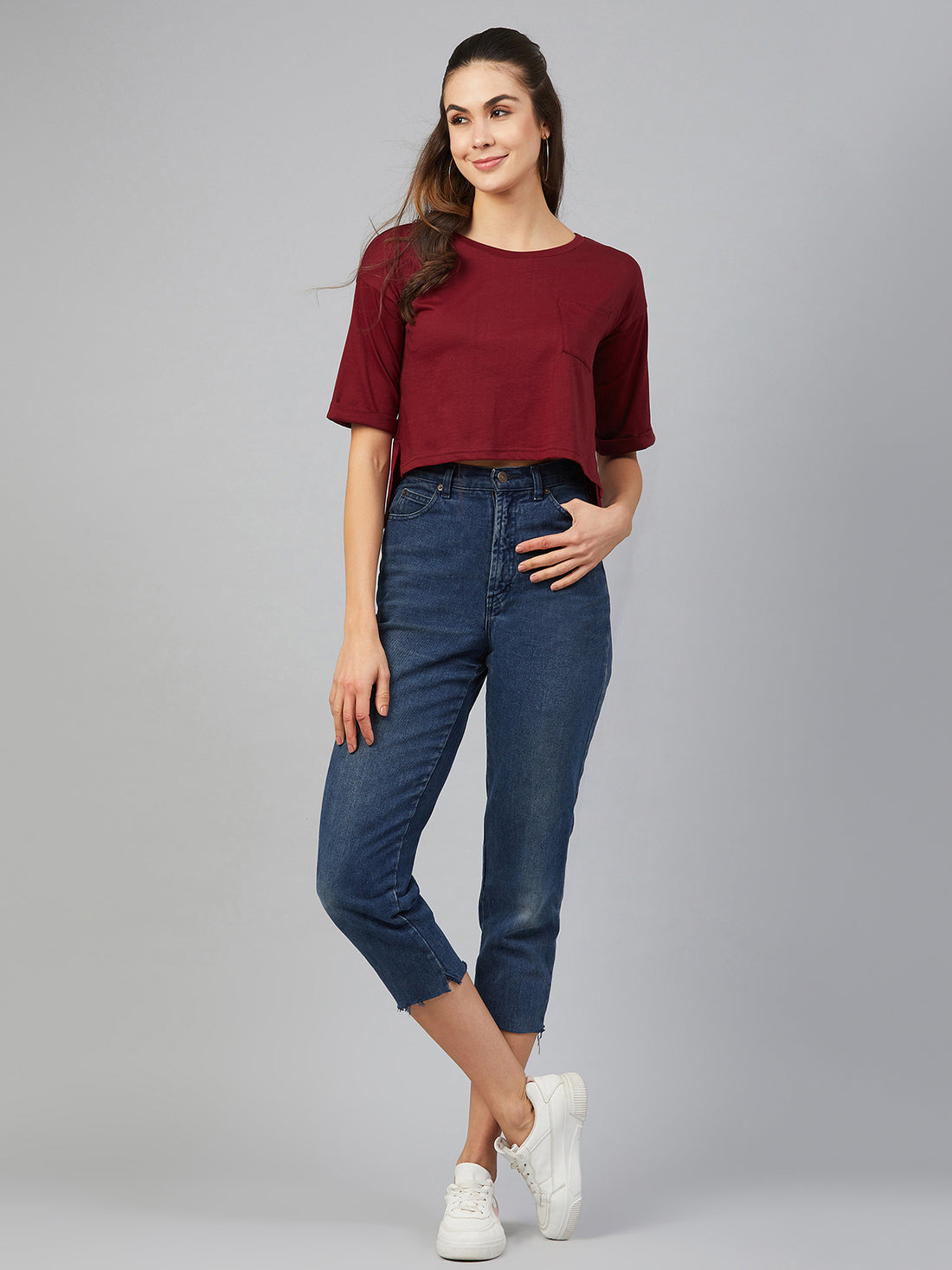 Chimpaaanzee Women Round Neck Assymetrical Crop T-shirt