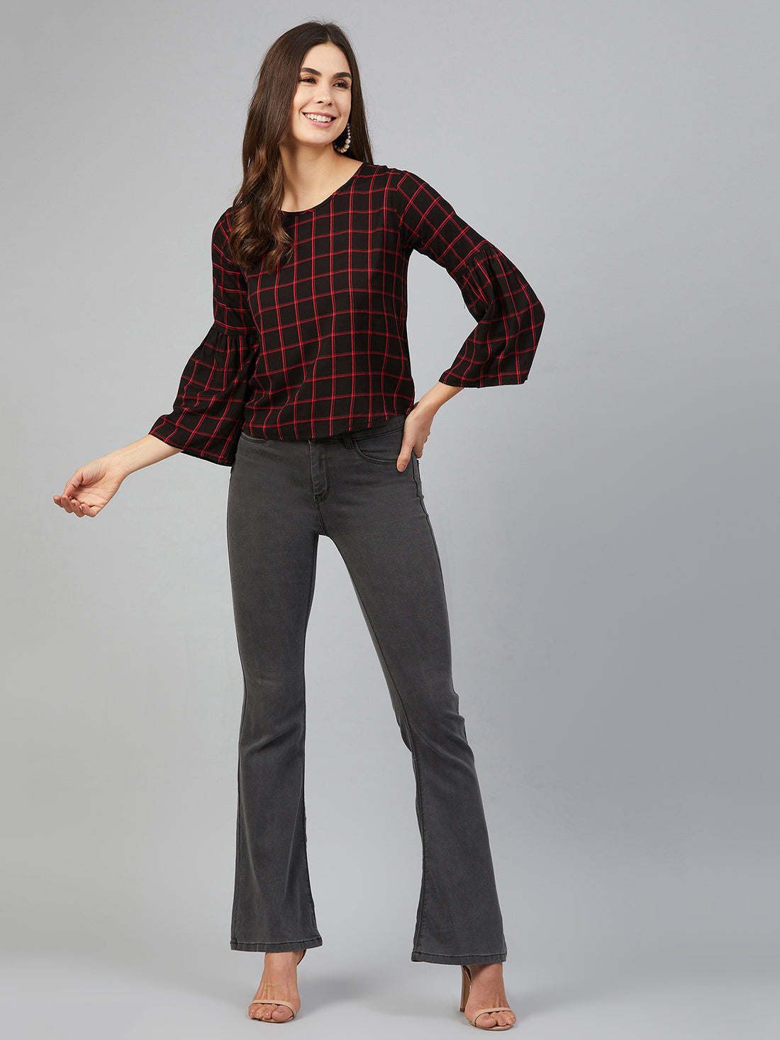 Chimpaaanzee Women Red and Black Checks Cold Shoulder Top