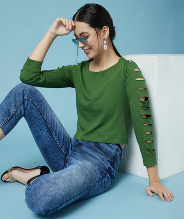 Chimpaaanzee Women Ripped Sleeve Cropped Green Tee