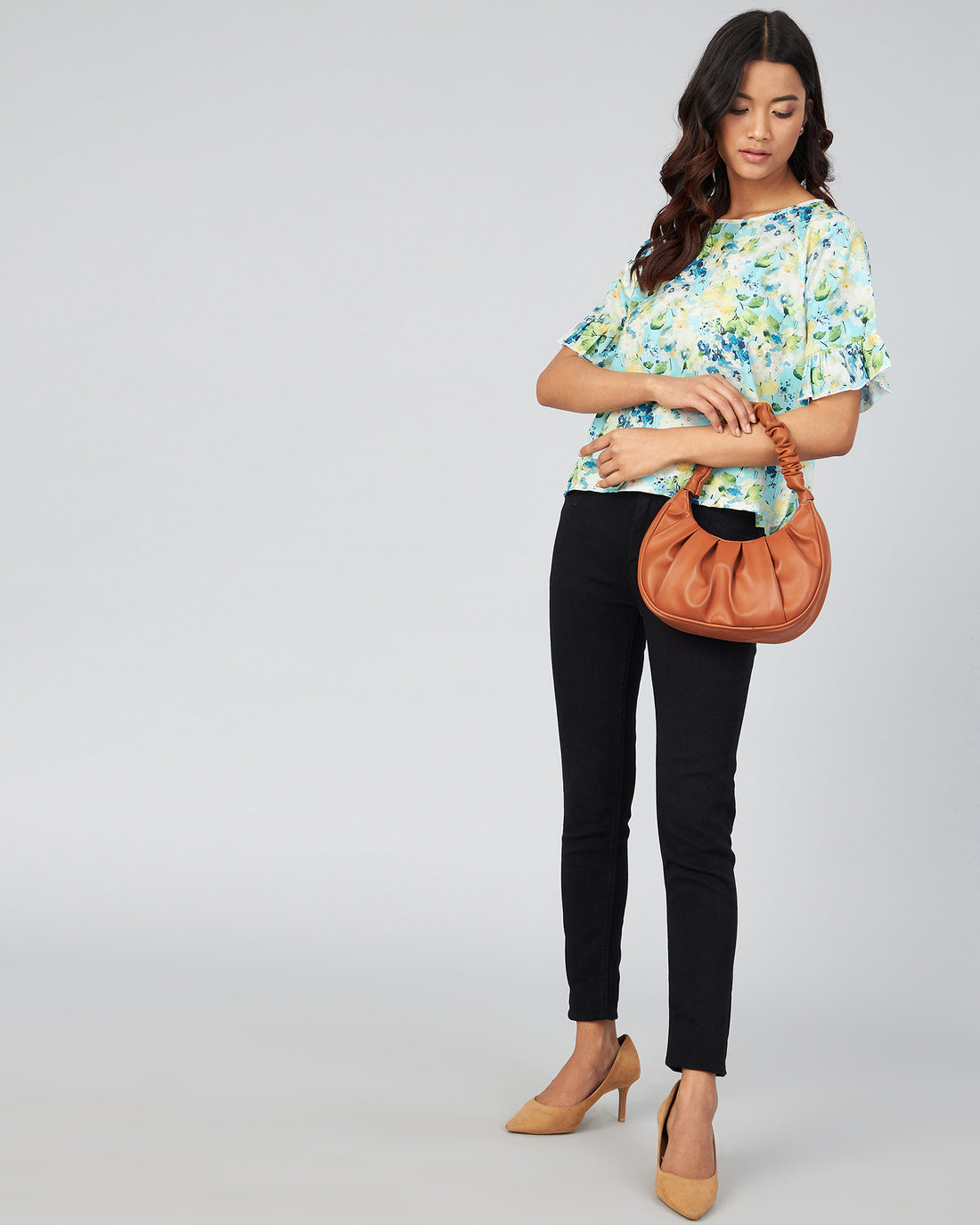Chimpaaanzee Women Skyblue Flower Printed Ruffled Top