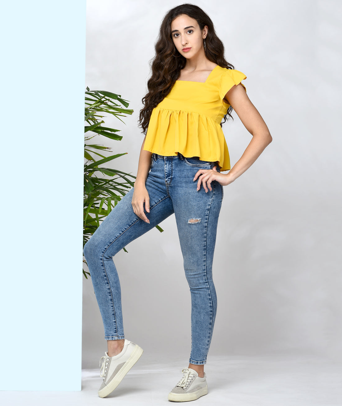 Chimpaaanzee Women Mustard Solid Ruffled Style Top