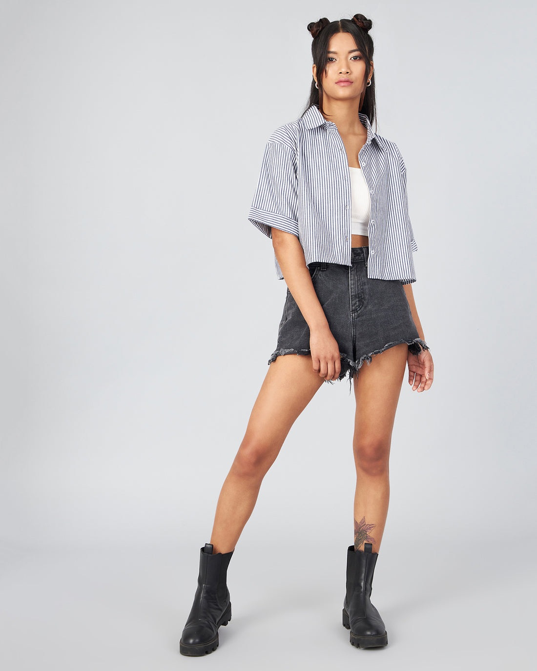 Chimpaaanzee Women Viscose Black & White Striped Loose Fit Crop Shirt