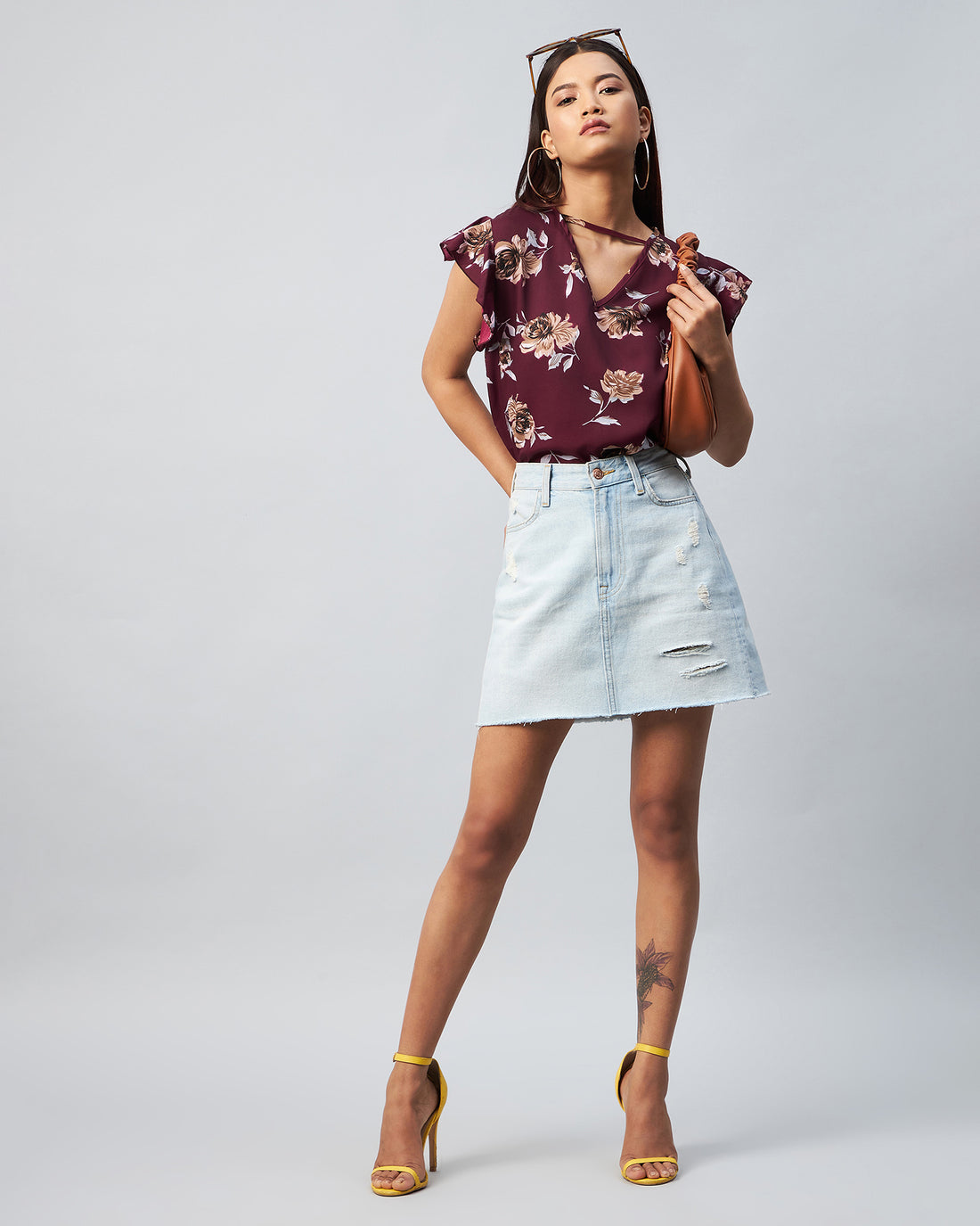 Chimpaaanzee Women Crepe Maroon Flower Printed Ruffled Top