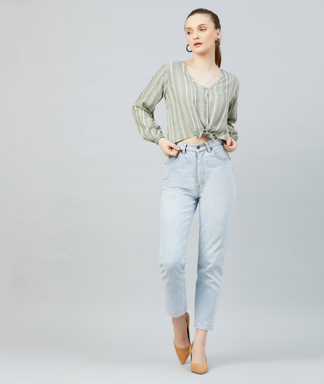 Chimpaaanzee Women Green Striped Viscose Knotted Top