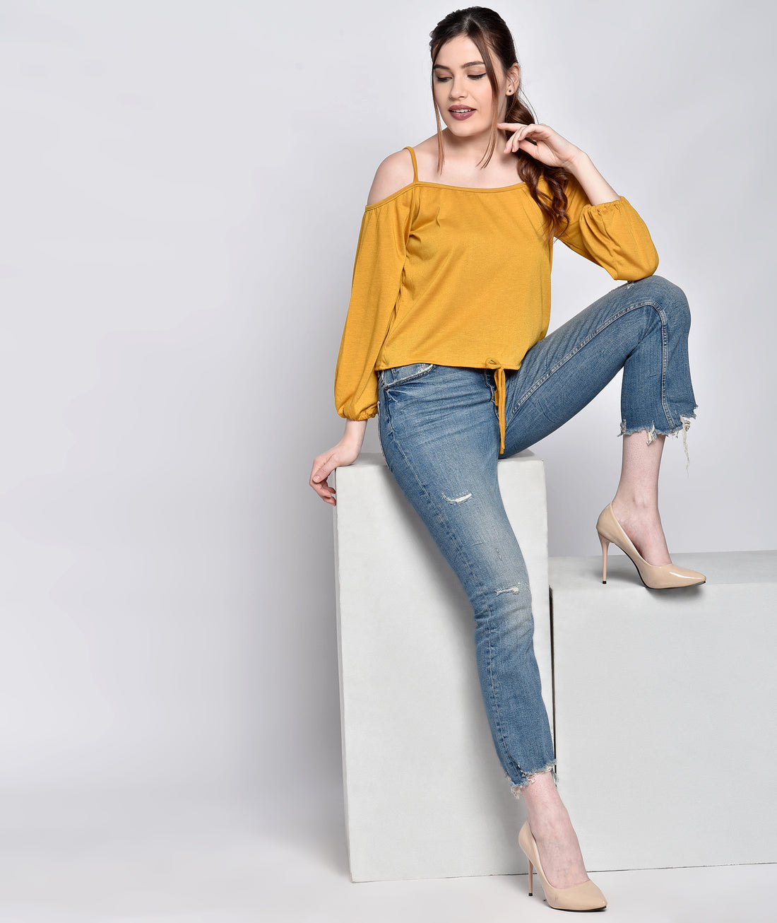 Chimpaaanzee Women Cold Shoulder Yellow Top