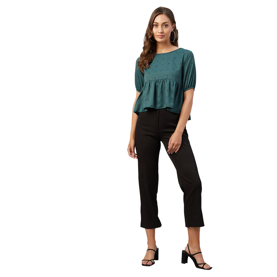 Chimpaaanzee Women Green Doted Ruffled Style Top