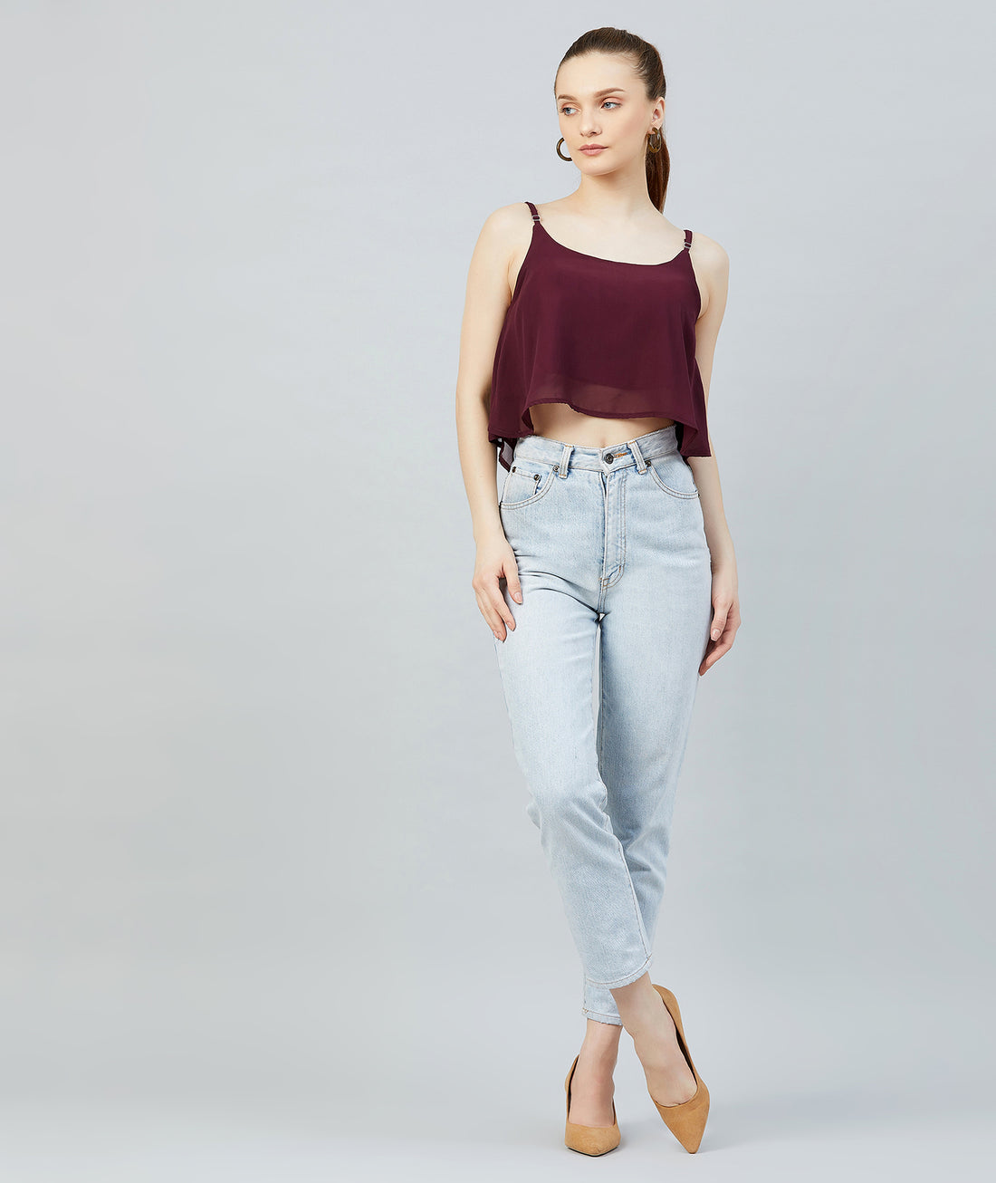Chimpaaanzee Women Purple Georgette Noodle Strap Crop Top