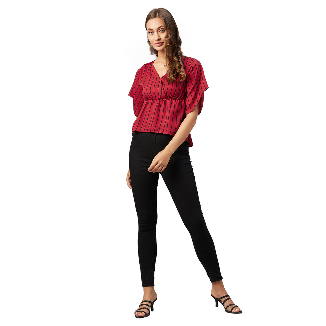 Chimpaaanzee Women Red Striped Crepe Asymmetrical Top
