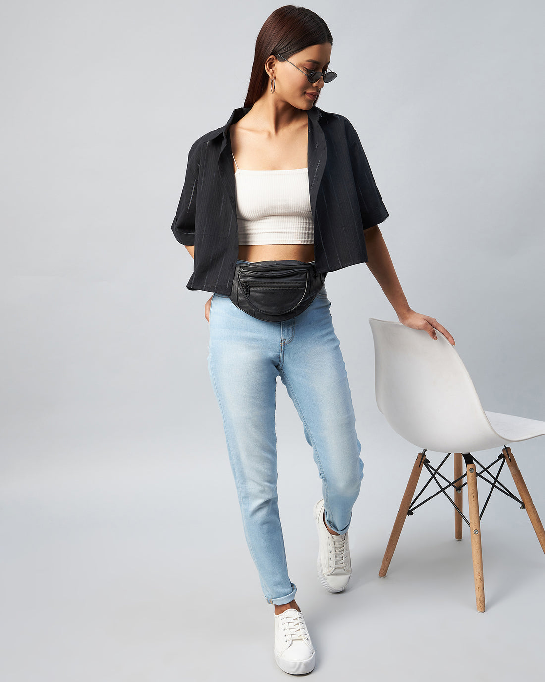 Chimpaaanzee Women Black & White Striped Folded Sleeve Loose Fit Crop Shirt