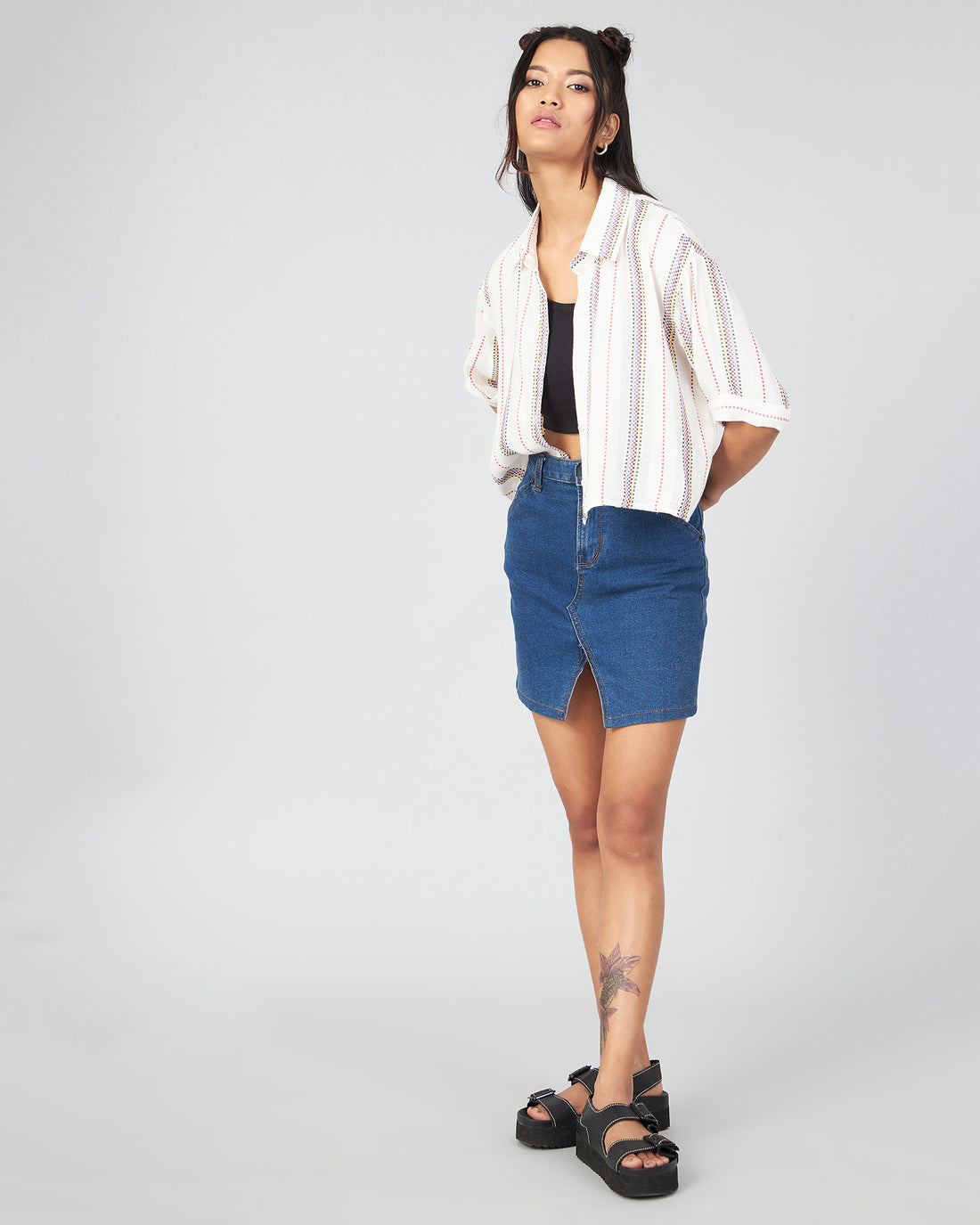 Chimpaaanzee Women Viscose Blue & White Striped Loose Fit Crop Shirt