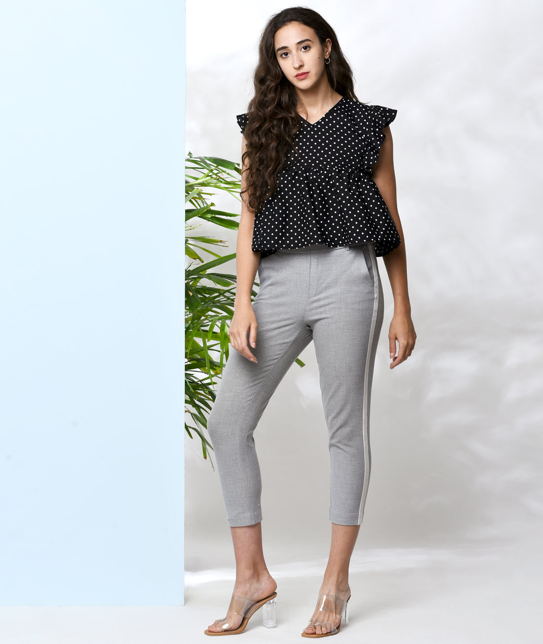 Chimpaaanzee Women Black Polka Doted Crepe Ruffled Top