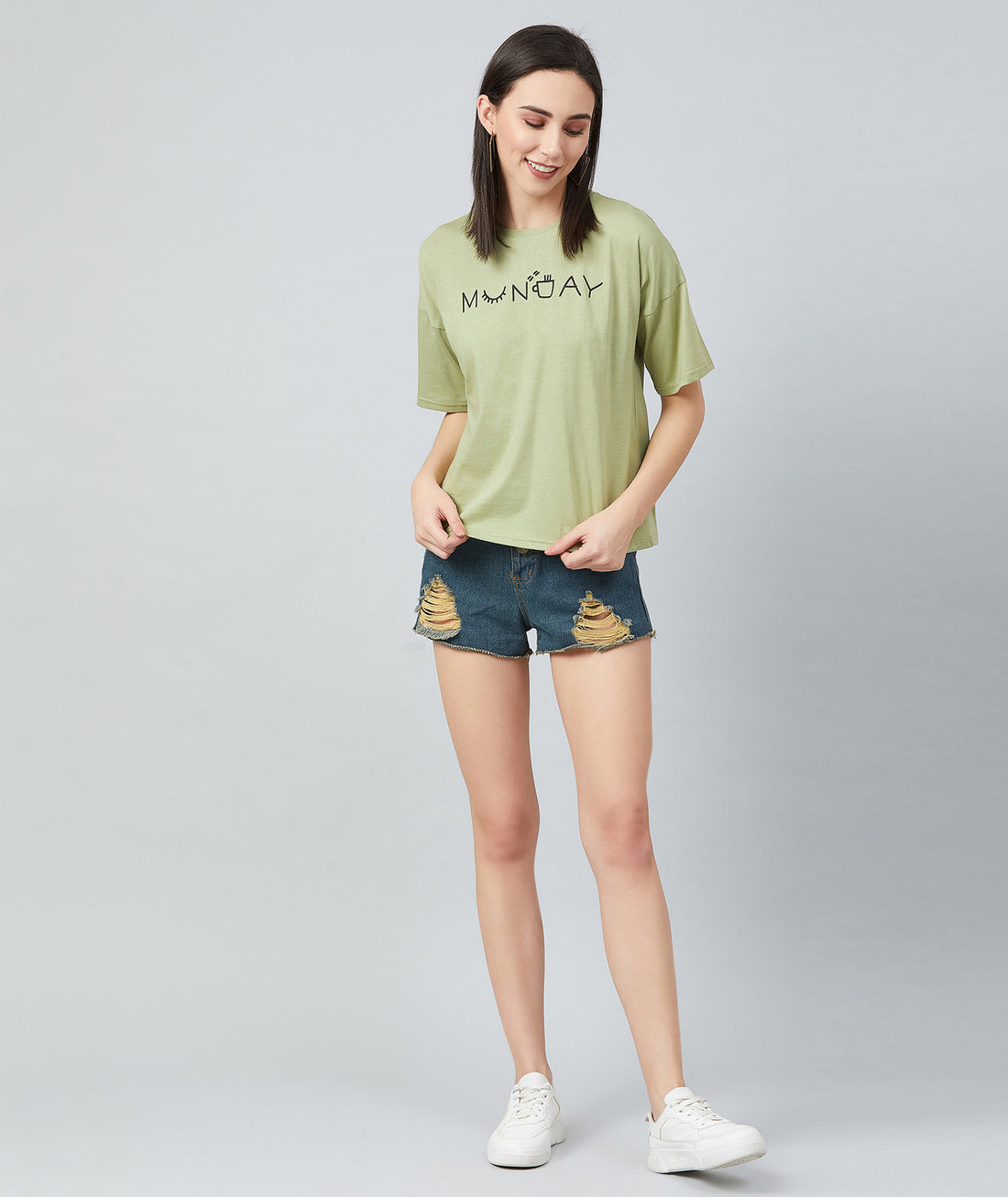 Chimpaaanzee Women Olive Green Big Shoulder Half Sleeve T-shirt