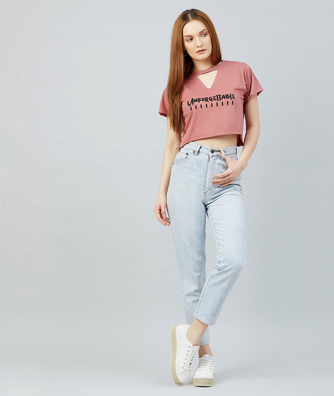 Chimpaaanzee Women Dark Pink Keyhole Neck Crop T-shirt