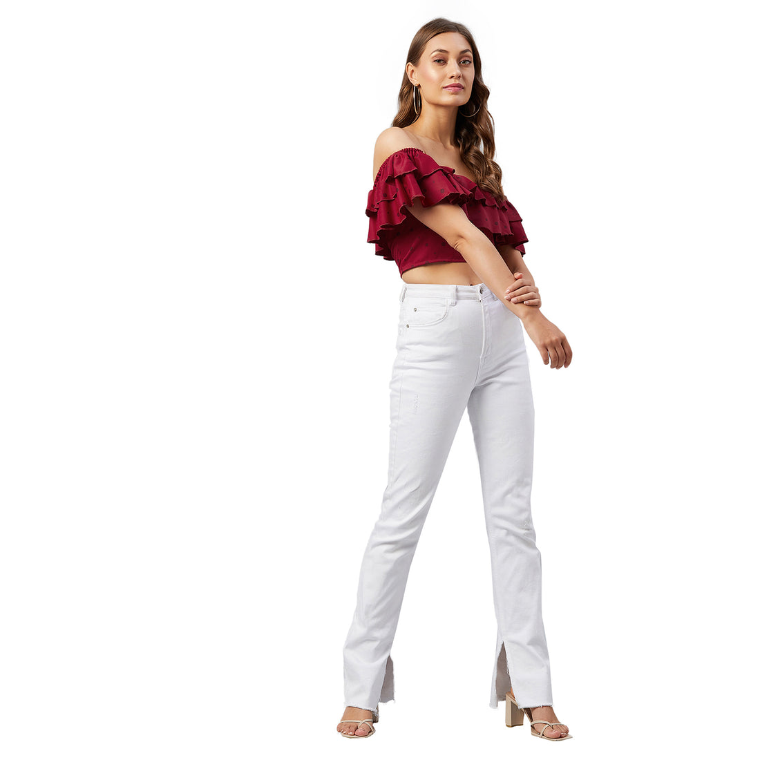 Chimpaaanzee Women Maroon Doted Ruffled Crop Top