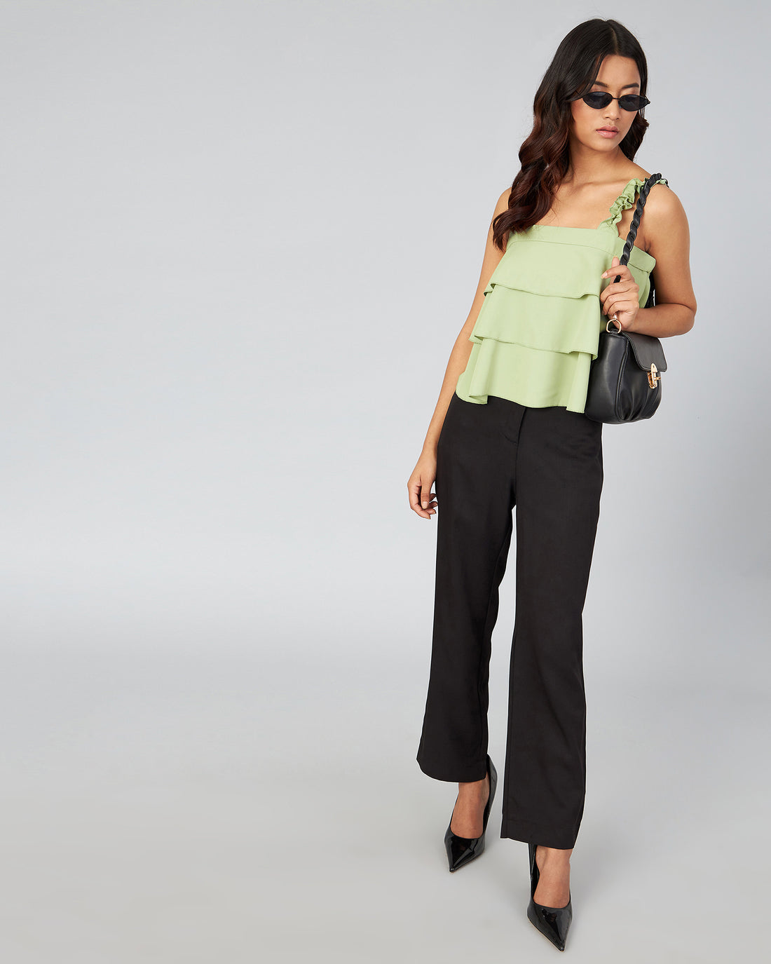 Chimpaaanzee Women Green Soid Ruffled Crop Top