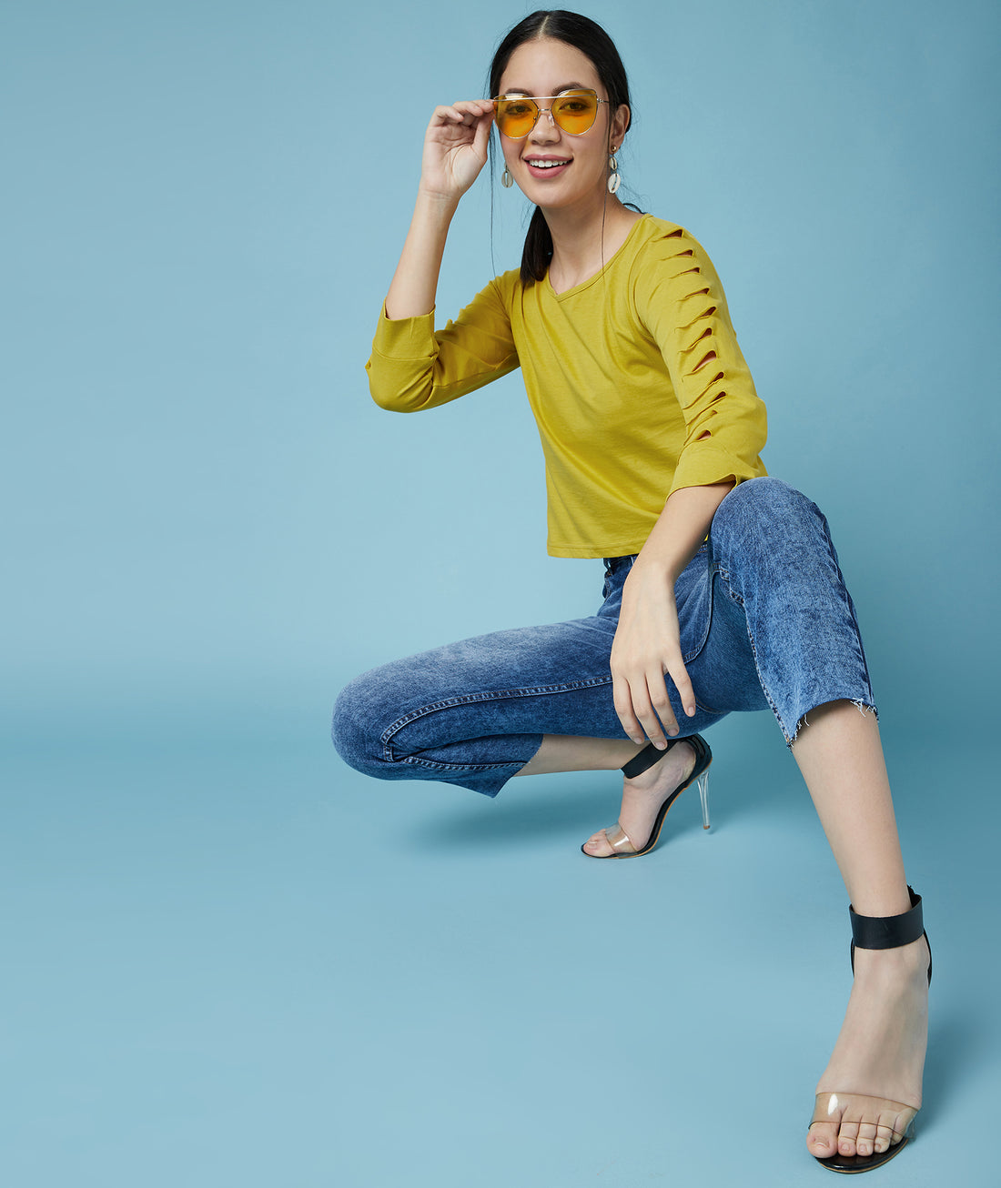 Chimpaaanzee Women Ripped Sleeve Cropped Yellow Tee