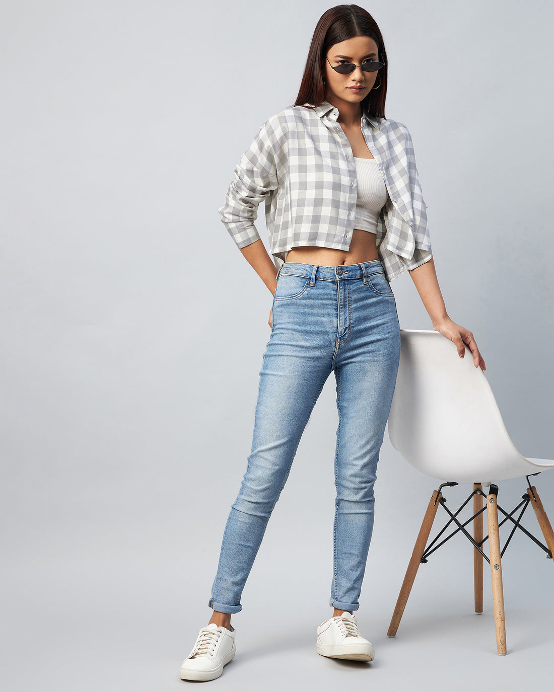 Chimpaaanzee Women Viscose Grey & White Checkered Full Sleeve Drop Shoulder Shirt