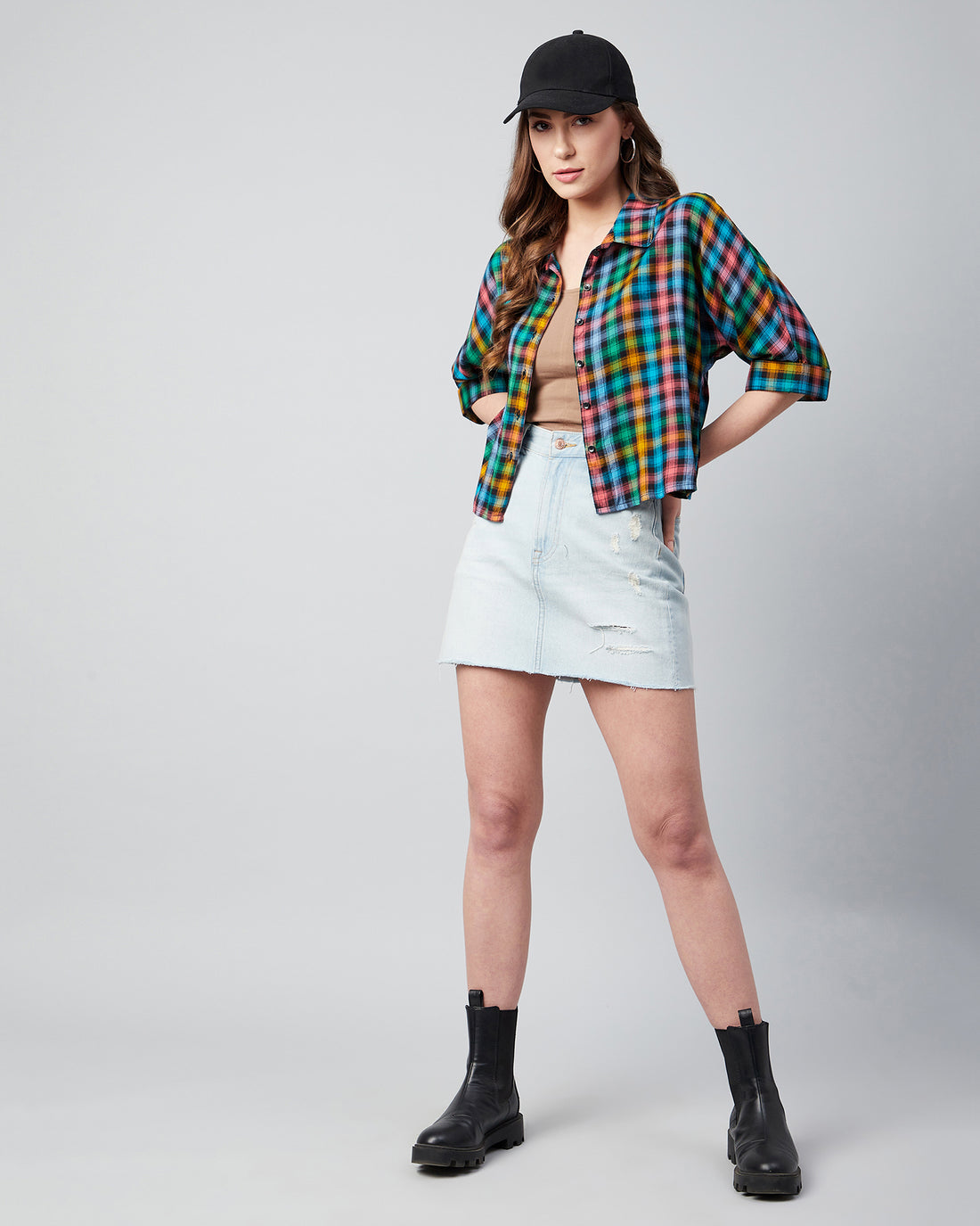 Chimpaaanzee Women Viscose Multicolor Checks Half Sleeve Crop Shirt