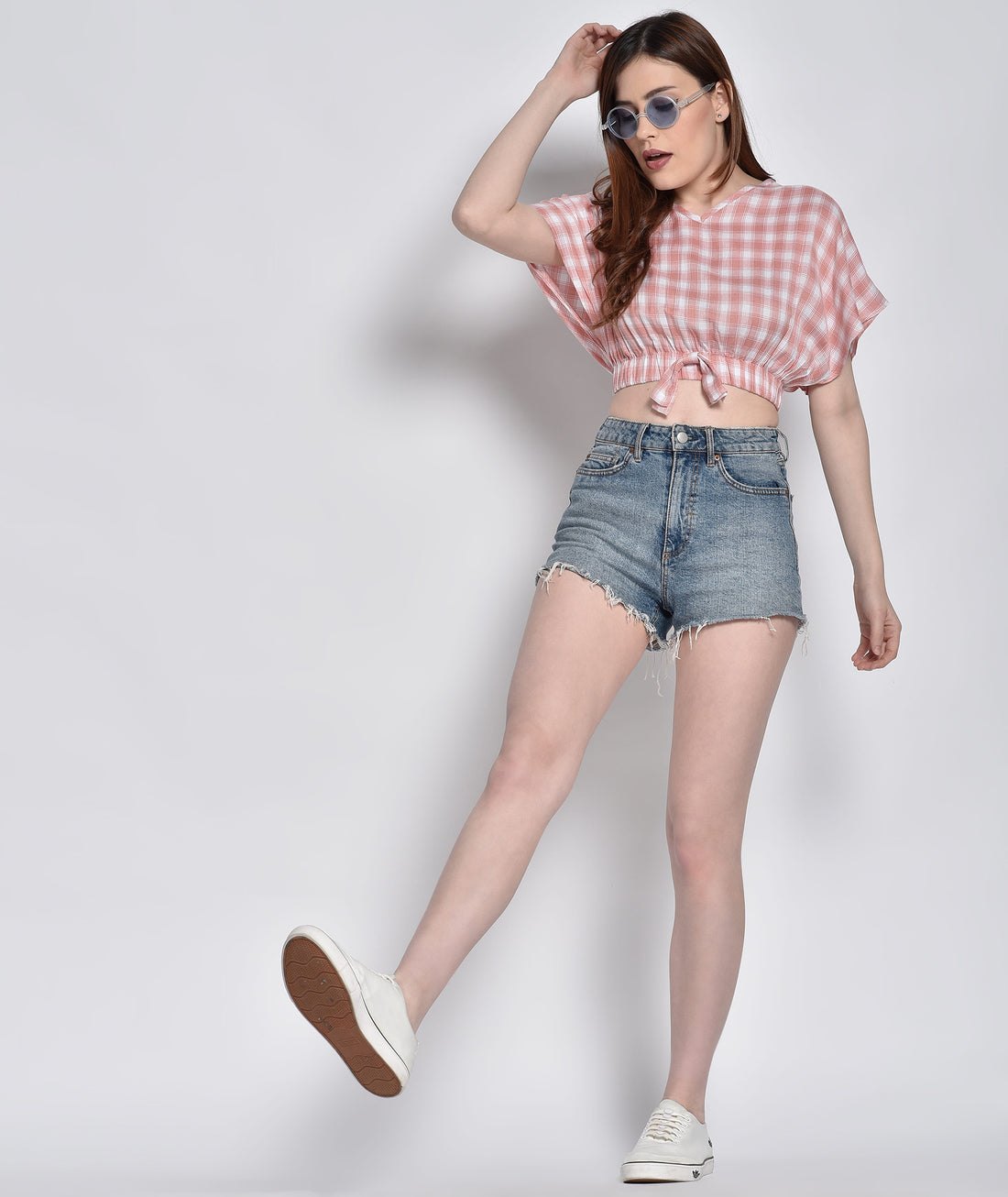 Chimpaaanzee Women Checkered Bat Sleeve Pink Top
