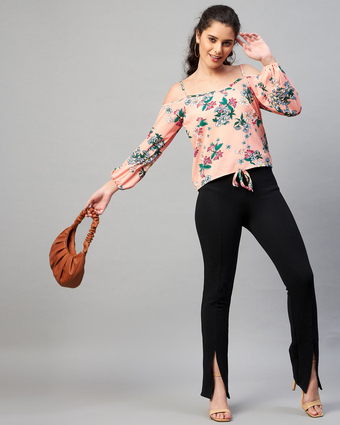 Chimpaaanzee Women Peach Flower Printed Cold shoulder full sleeve Top