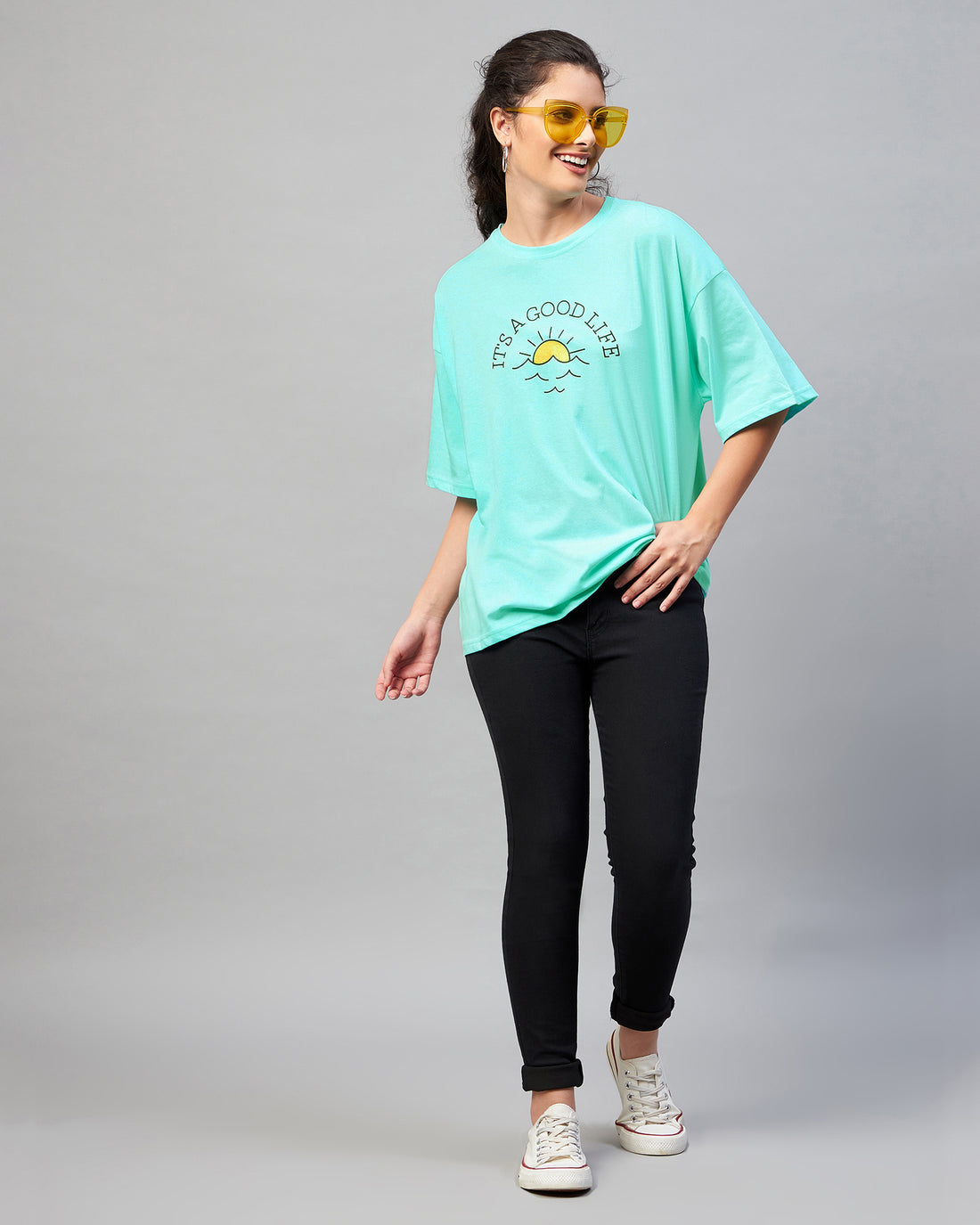 Chimpaaanzee Women Skyblue Typography Printed Oversize Fit Long T-shirt
