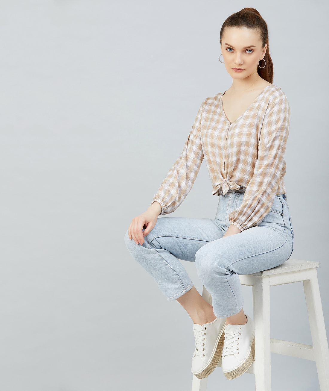 Chimpaaanzee Women Beige Checkered Viscose Knotted Top
