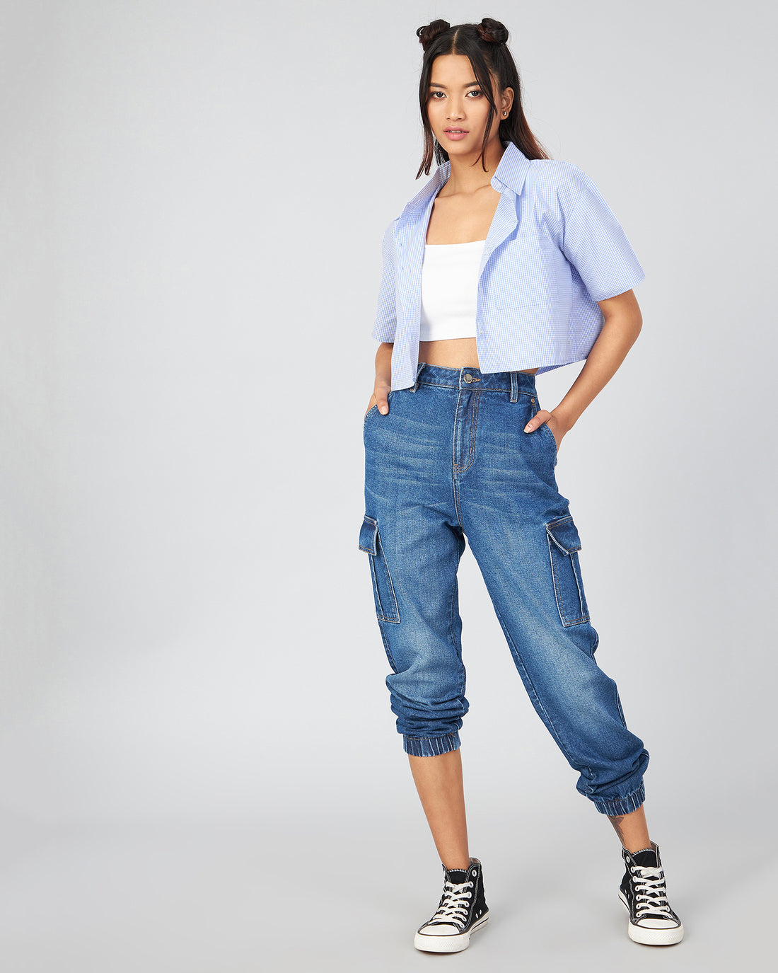 Chimpaaanzee Women Viscose Blue Checkered Short Sleeve Crop Shirt