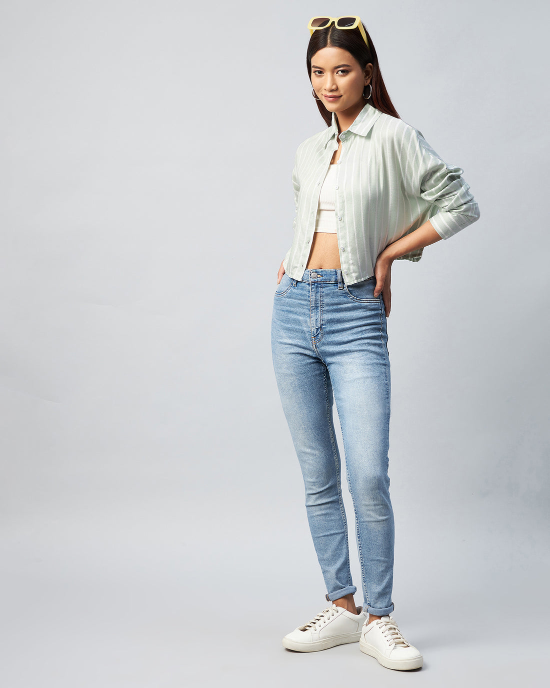 Chimpaaanzee Women Viscose Green & White Spakle Stripe Full Sleeve Drop Shoulder Shirt