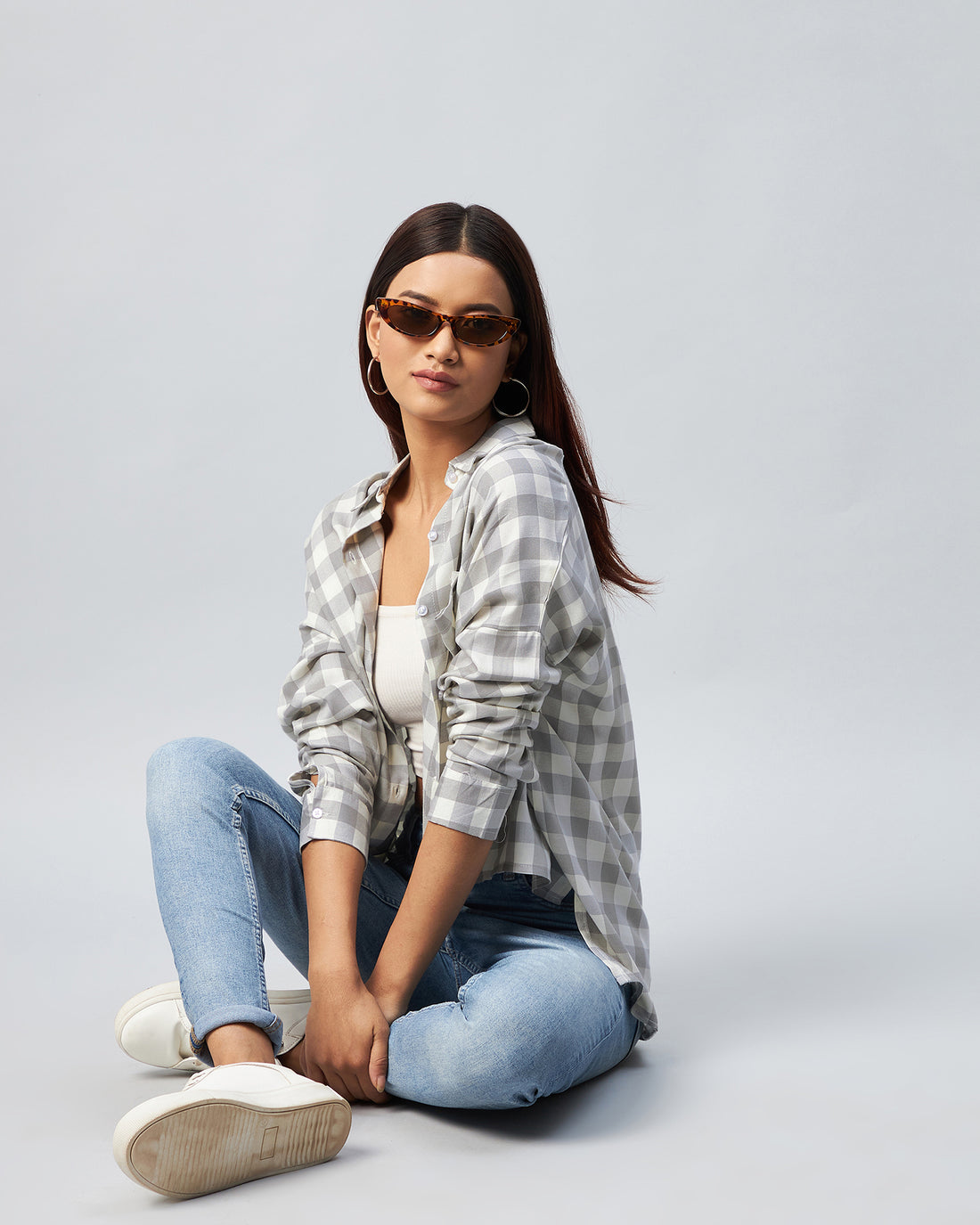 Chimpaaanzee Women Viscose Grey & White Checkered Oversized Fit Shirt