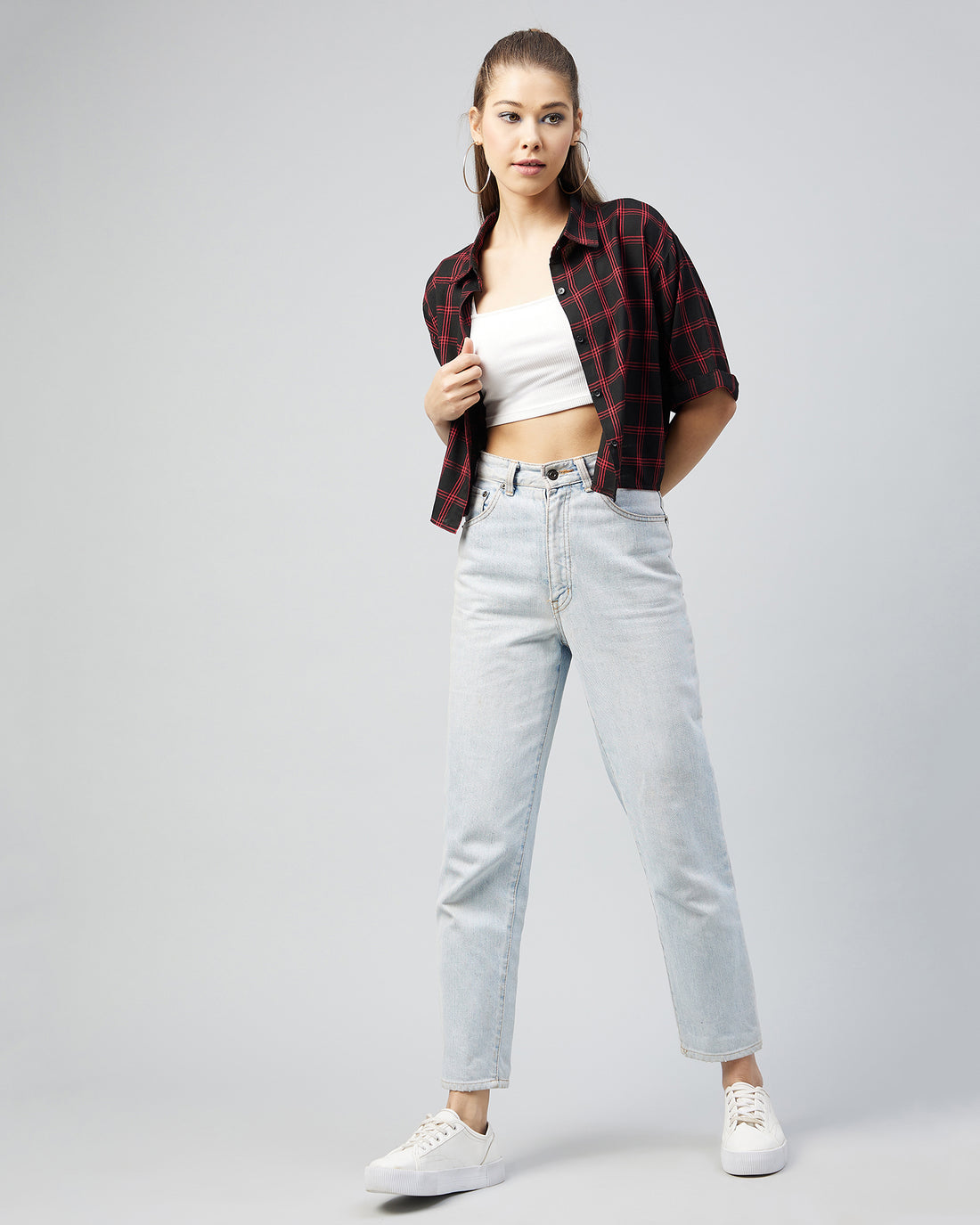 Chimpaaanzee Women Black and Red Folded Sleeve Loose Fit Crop Shirt