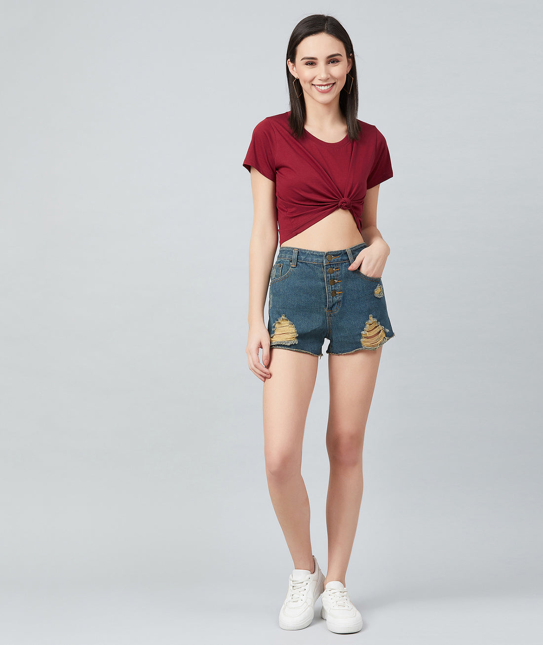 Chimpaaanzee Women Maroon Plain Round Neck Crop T-shirt