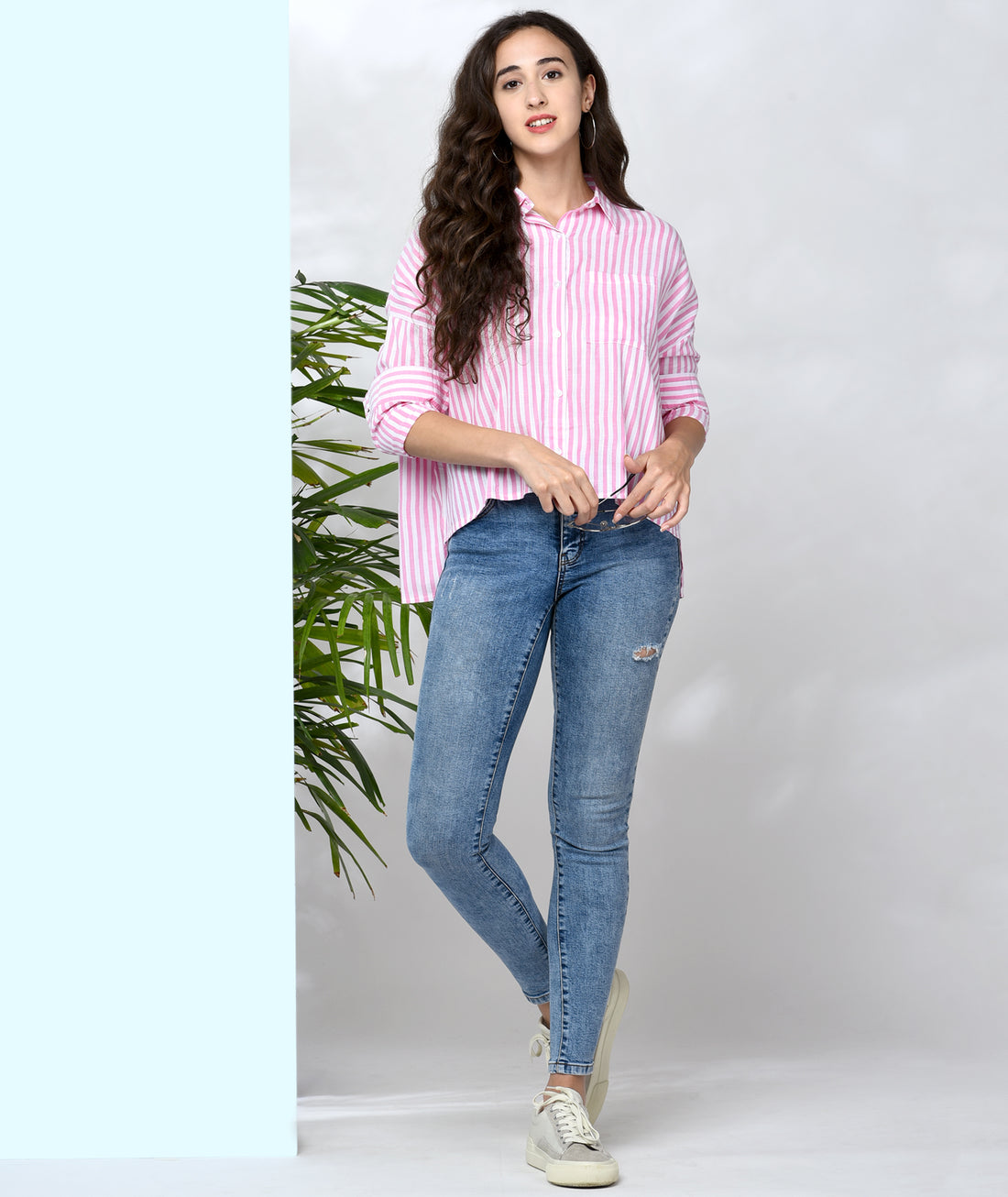 Chimpaaanzee Women Pink Viscose Oversized Striped Shirt
