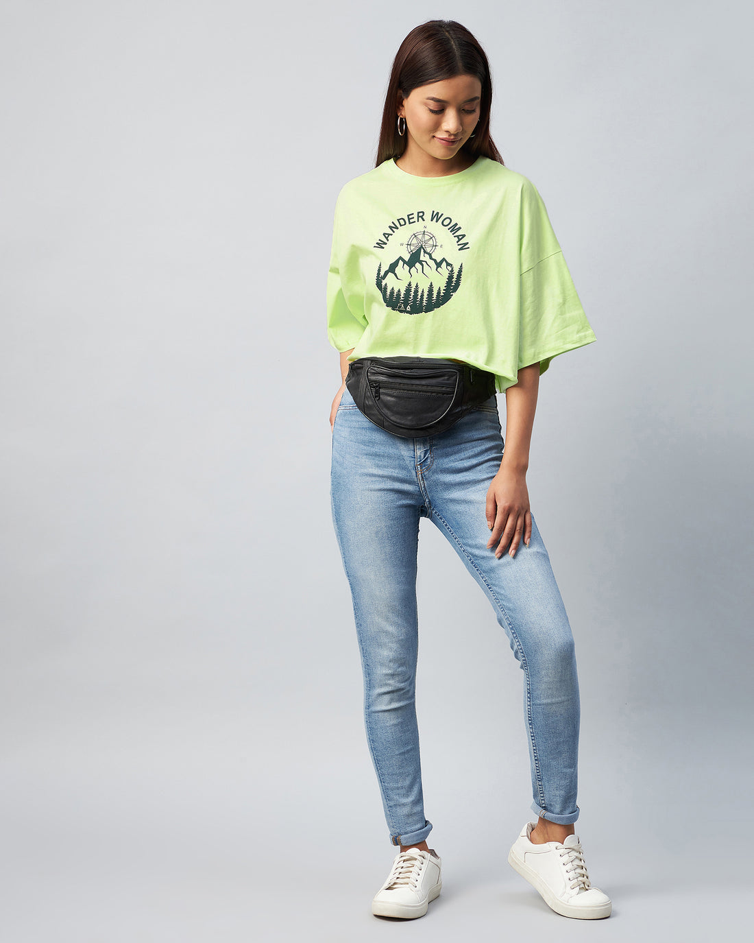Chimpaaanzee Women Light Green Solid Oversized Crop T-shirt