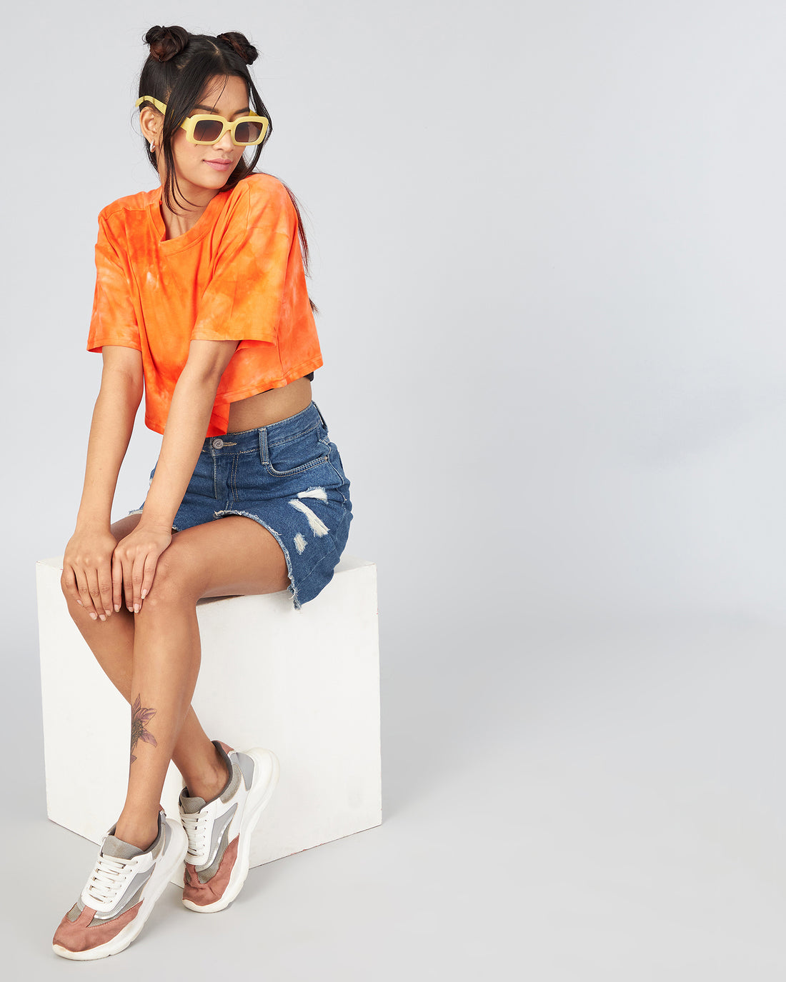 Chimpaaanzee Women Orange Tie & Dye Loose Fit Crop T-shirt