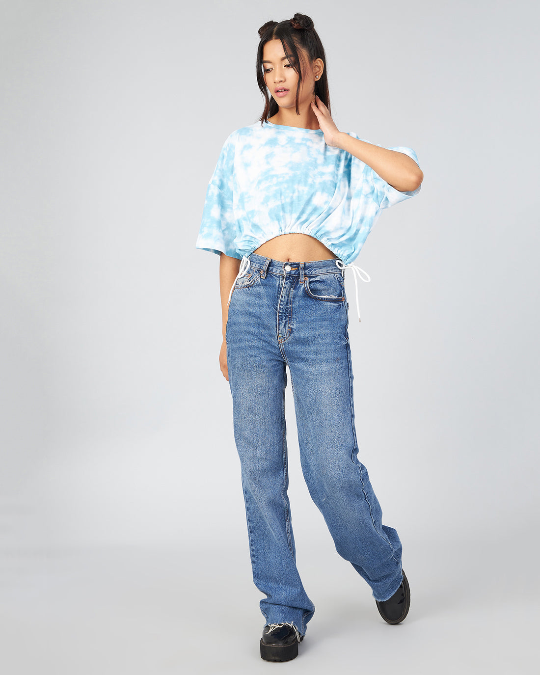 Chimpaaanzee Women Skyblue Tie & Dye Oversized Crop T-shirt