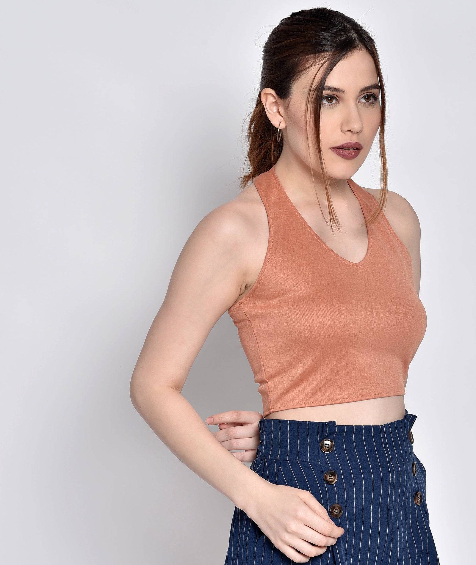 Chimpaaanzee Women Halter Neck Peach Bodycon Top