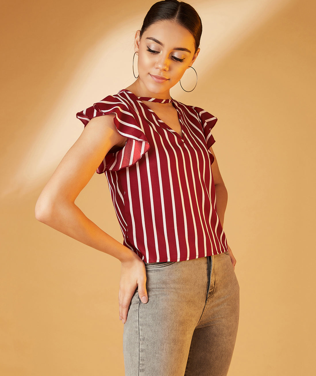 Chimpaaanzee Women Ruffled Sleeve Striped Crepe Top