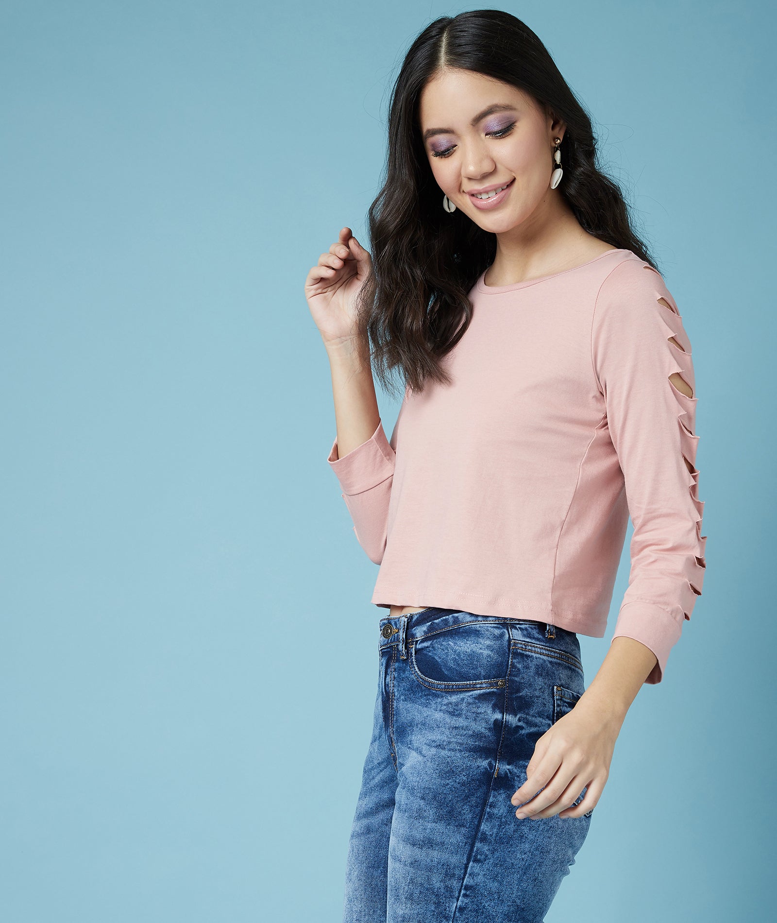 Chimpaaanzee Women Ripped Sleeve Cropped Pink Tee