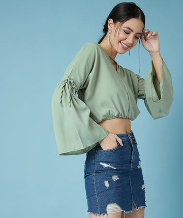 Chimpaaanzee Women Flared Sleeve Crop Olive Top
