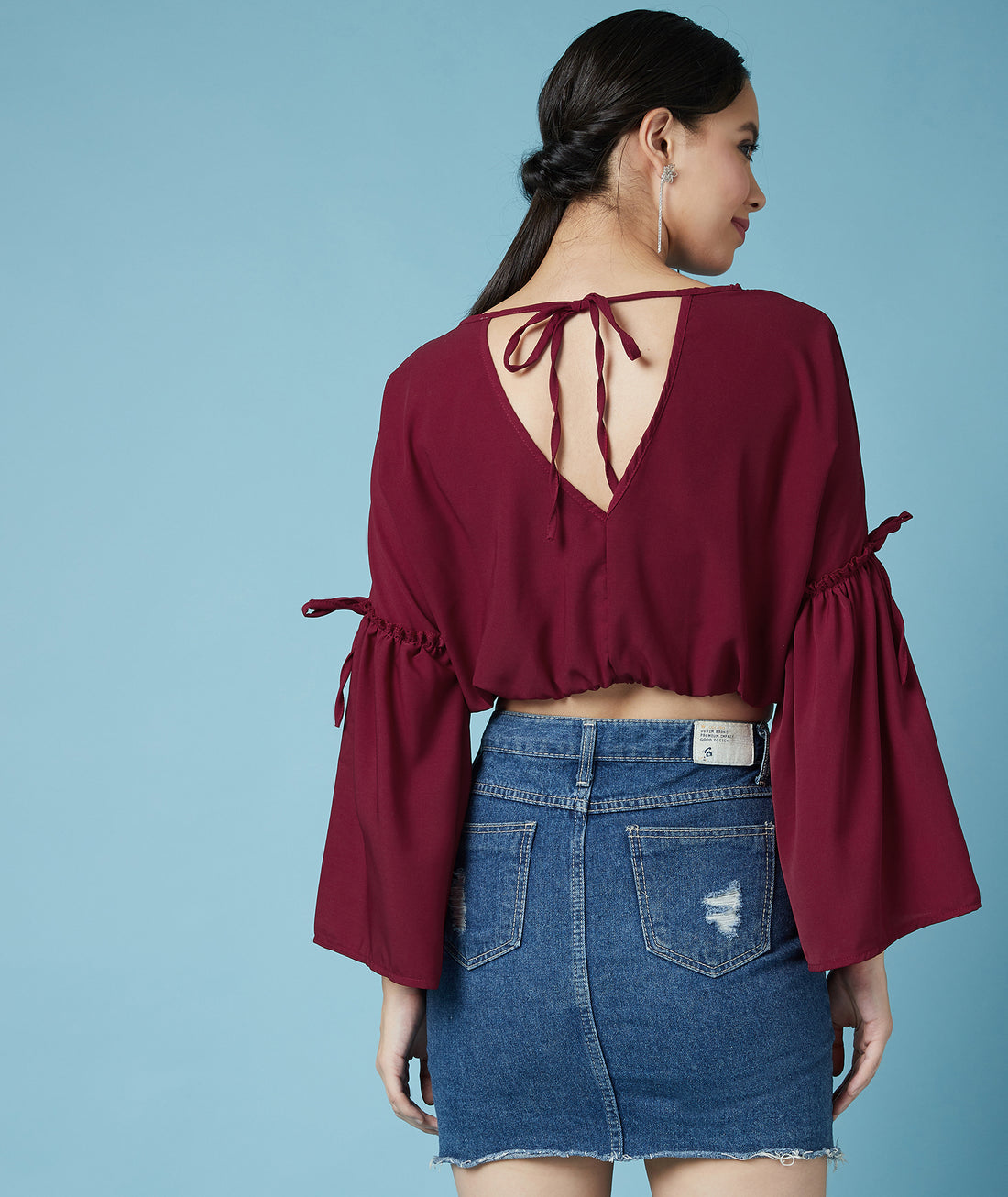 Chimpaaanzee Women Flared Sleeve Crop Maroon Top