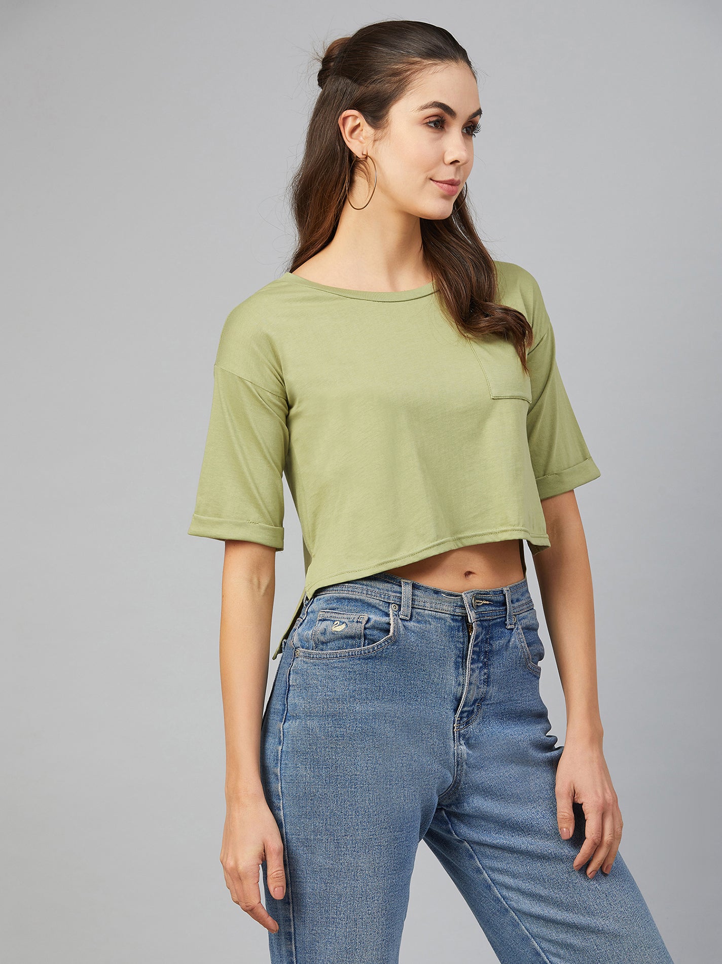 Chimpaaanzee Women Round Neck Assymetrical Crop T-shirt