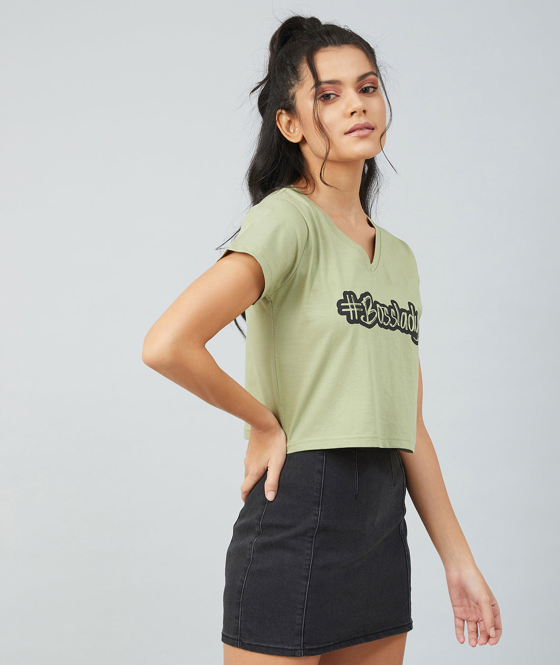 Chimpaaanzee Women Olive Green V-Neck Crop T-shirt