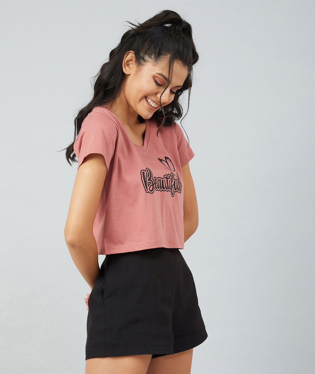 Chimpaaanzee Women Dark Pink V-Neck Crop T-shirt