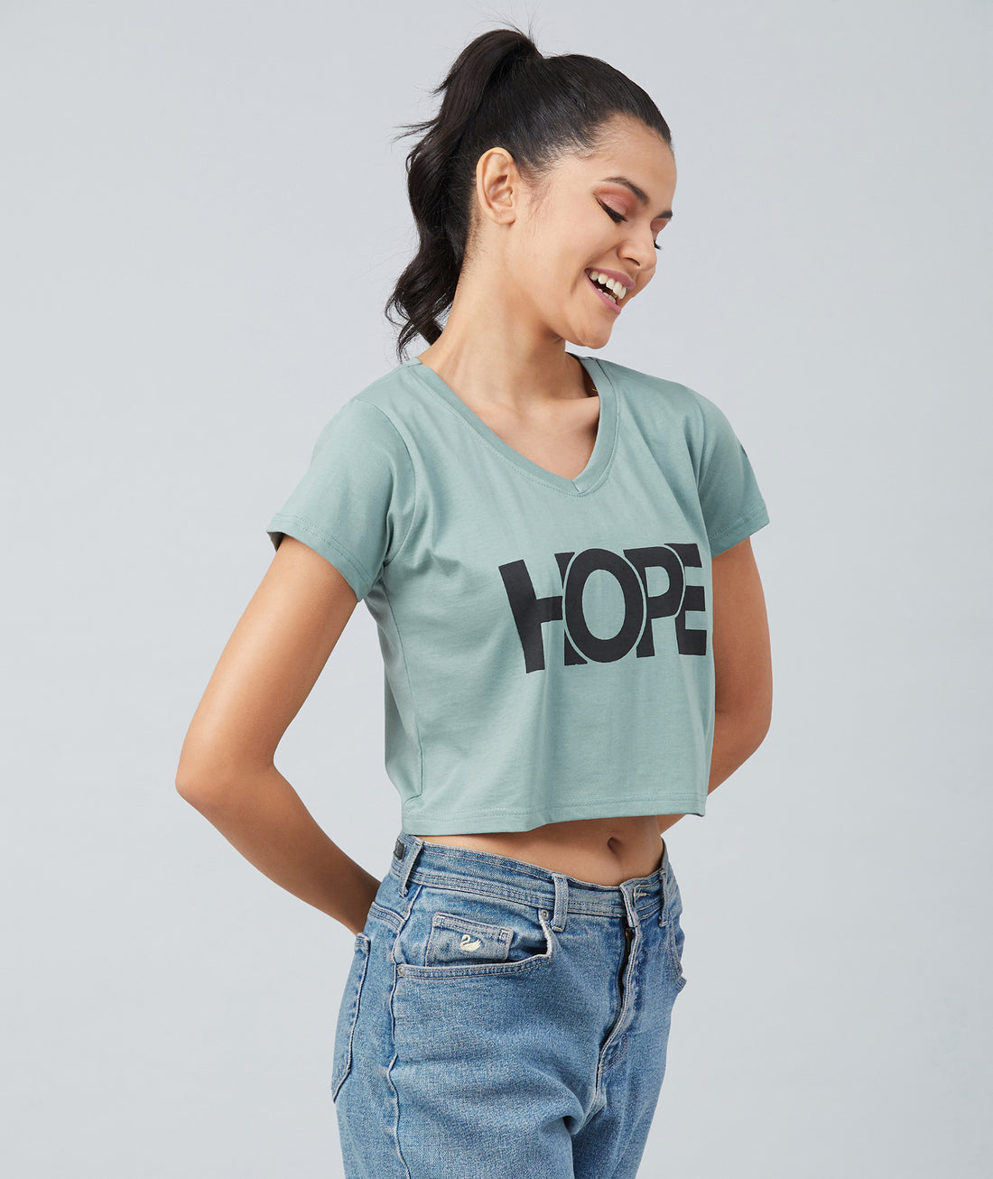 Chimpaaanzee Women Dusty Green V-Neck Crop T-shirt